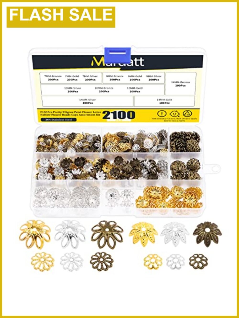 2100 Pcs Metal Bead Caps Assortment, 12 Styles Hollow Flower Spacer DIY Jewelry